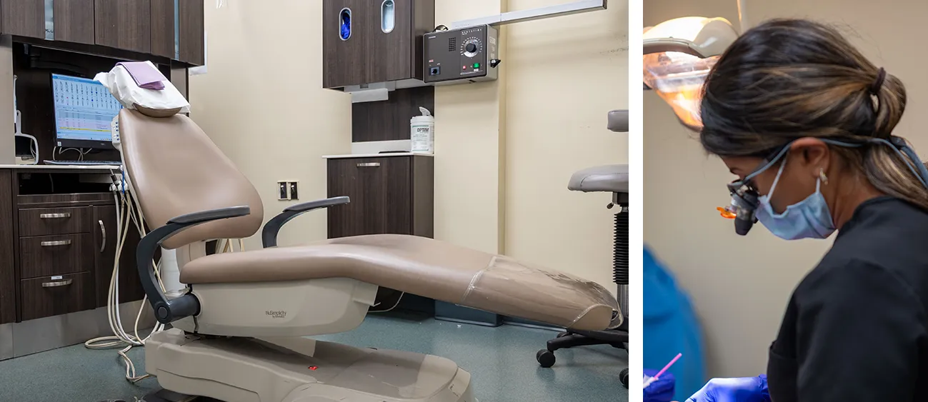 Photo collage of dental chair and dentist working on patient