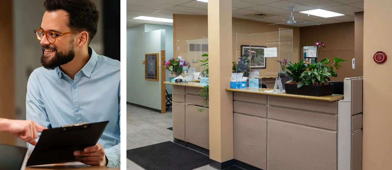 Photo collage of patient completing forms and reception area